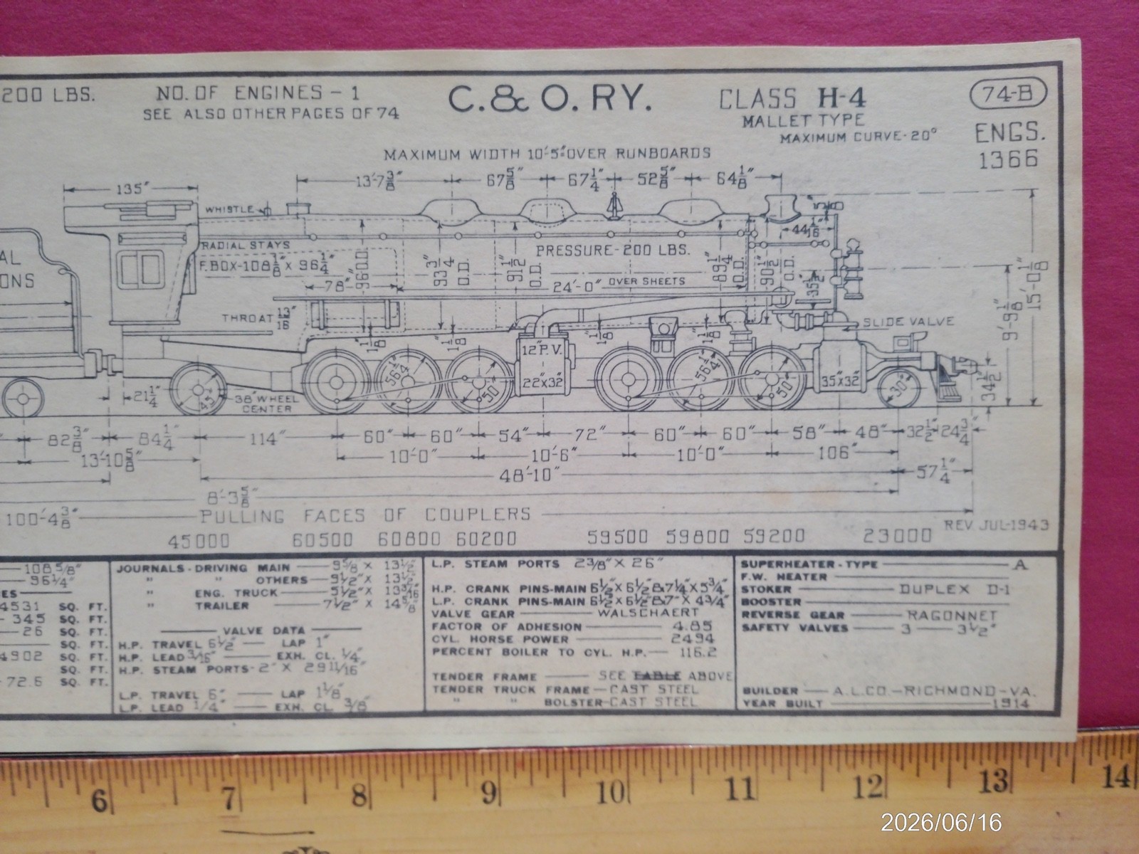 CHESAPEAKE & OHIO RAILROAD ORIG PRINTED DIAGRAM CLASS H-4 LOCOMOTIVE #1366