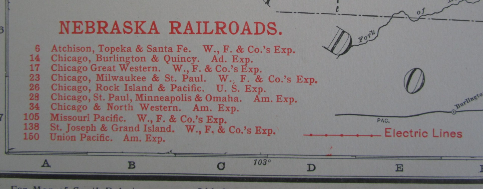 NE ANTIQUE 1912 DATED NEBRASKA RAILROAD Map. ST JOSEPH & GRAND ISLAND RR, ATSF