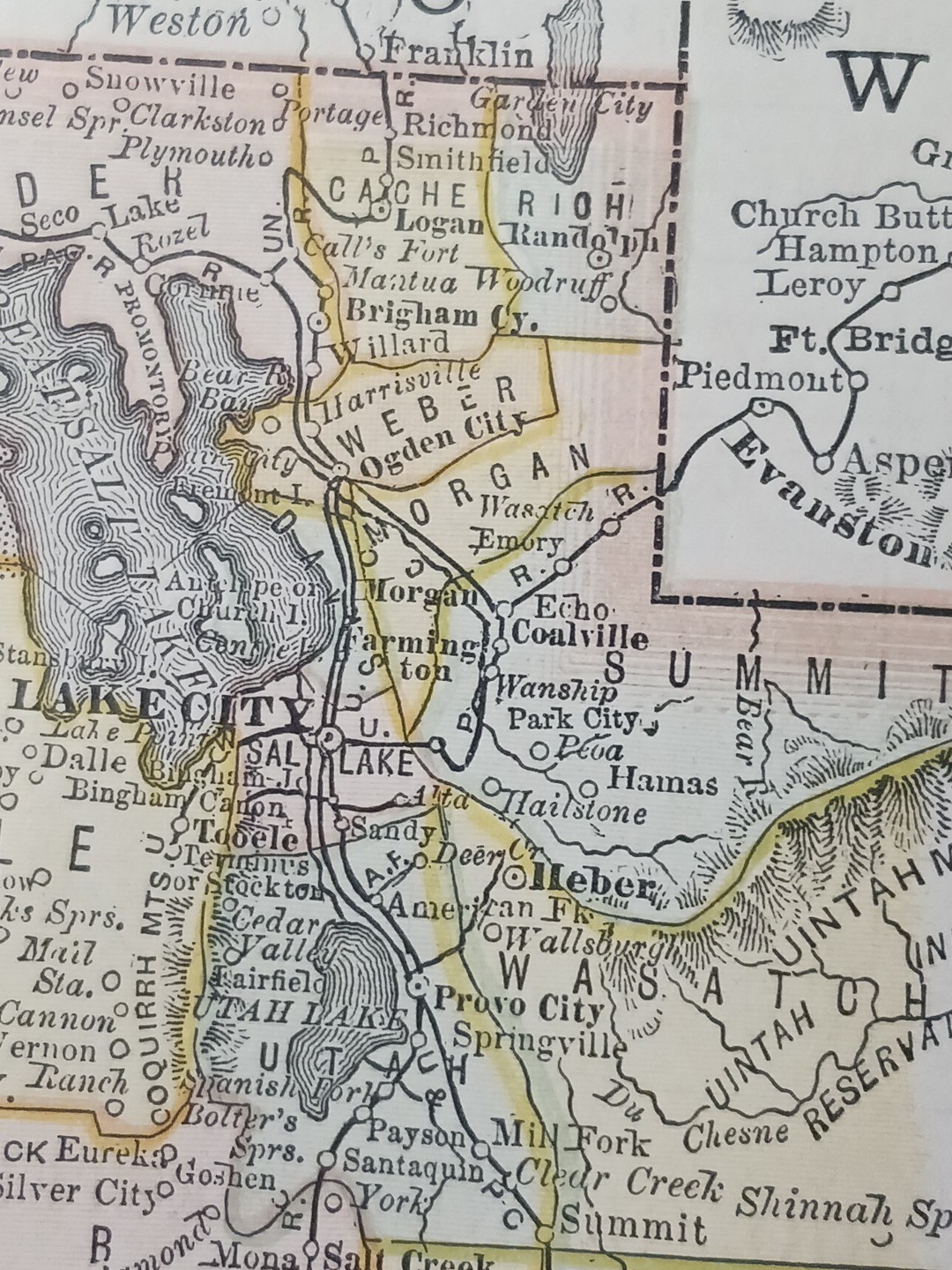 1884 vintage Railroad Map UTAH TERRITORY Train Line Routes Railway Town Stations