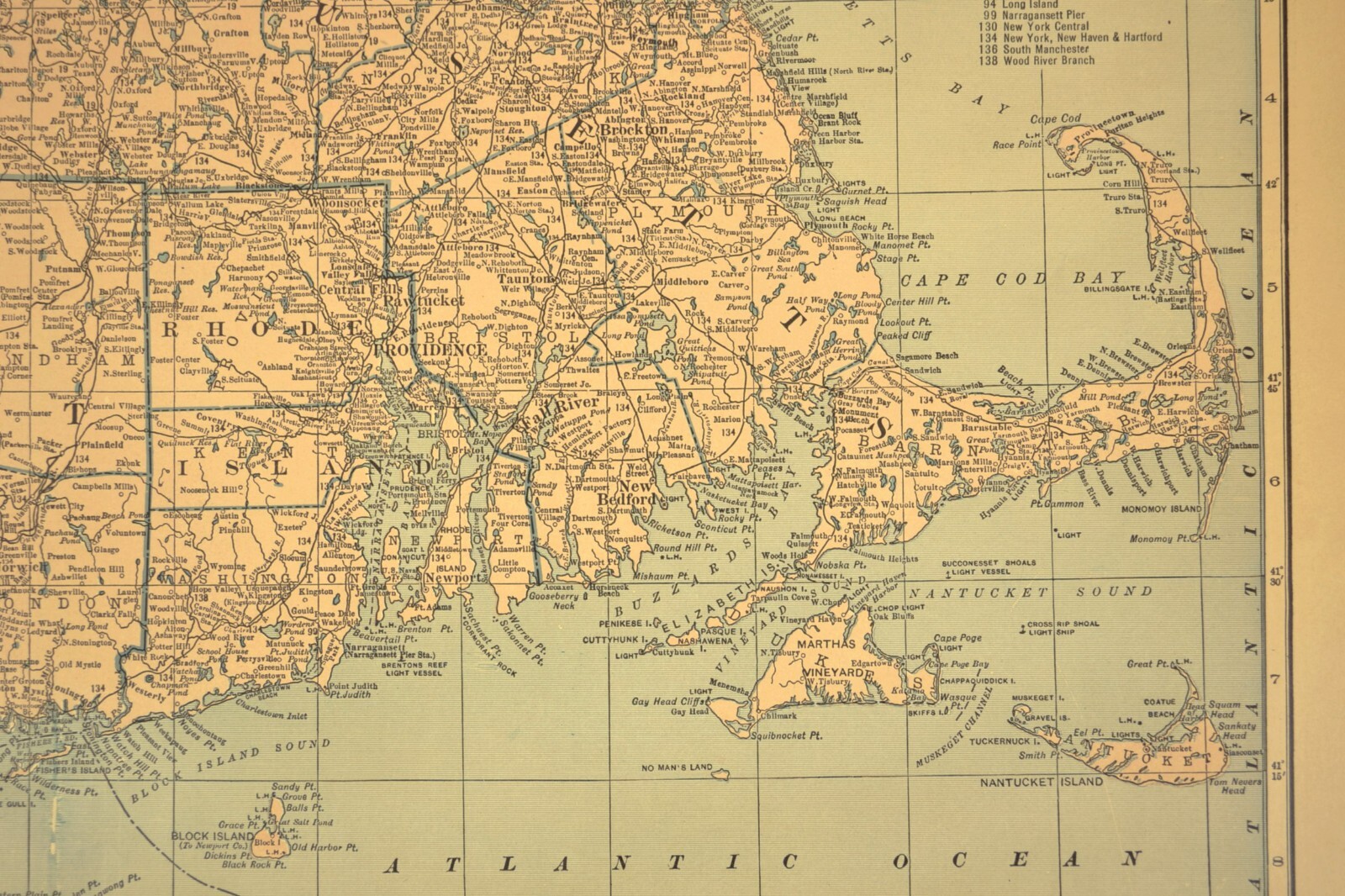 SOUTHERN NEW ENGLAND Map Railroad Massachusetts Old Original Antique