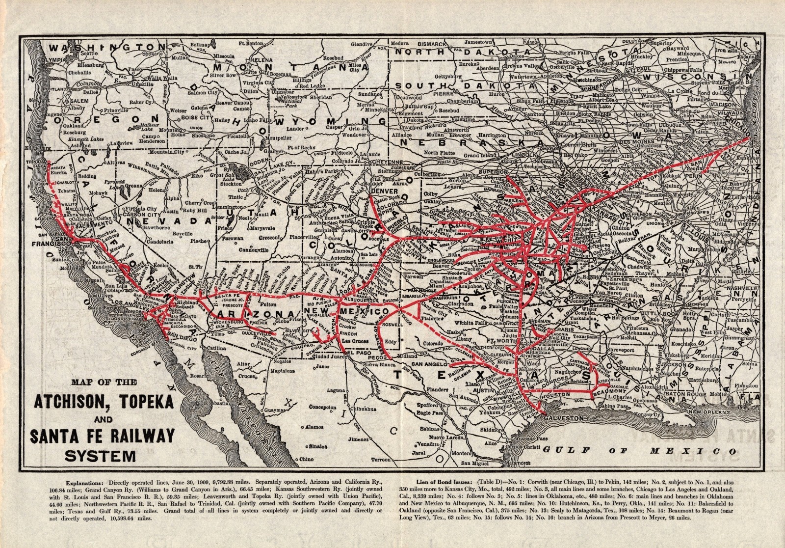 1910 Antique Atchison Topeka & Santa Fe Railway System Map Mileage Map 2658