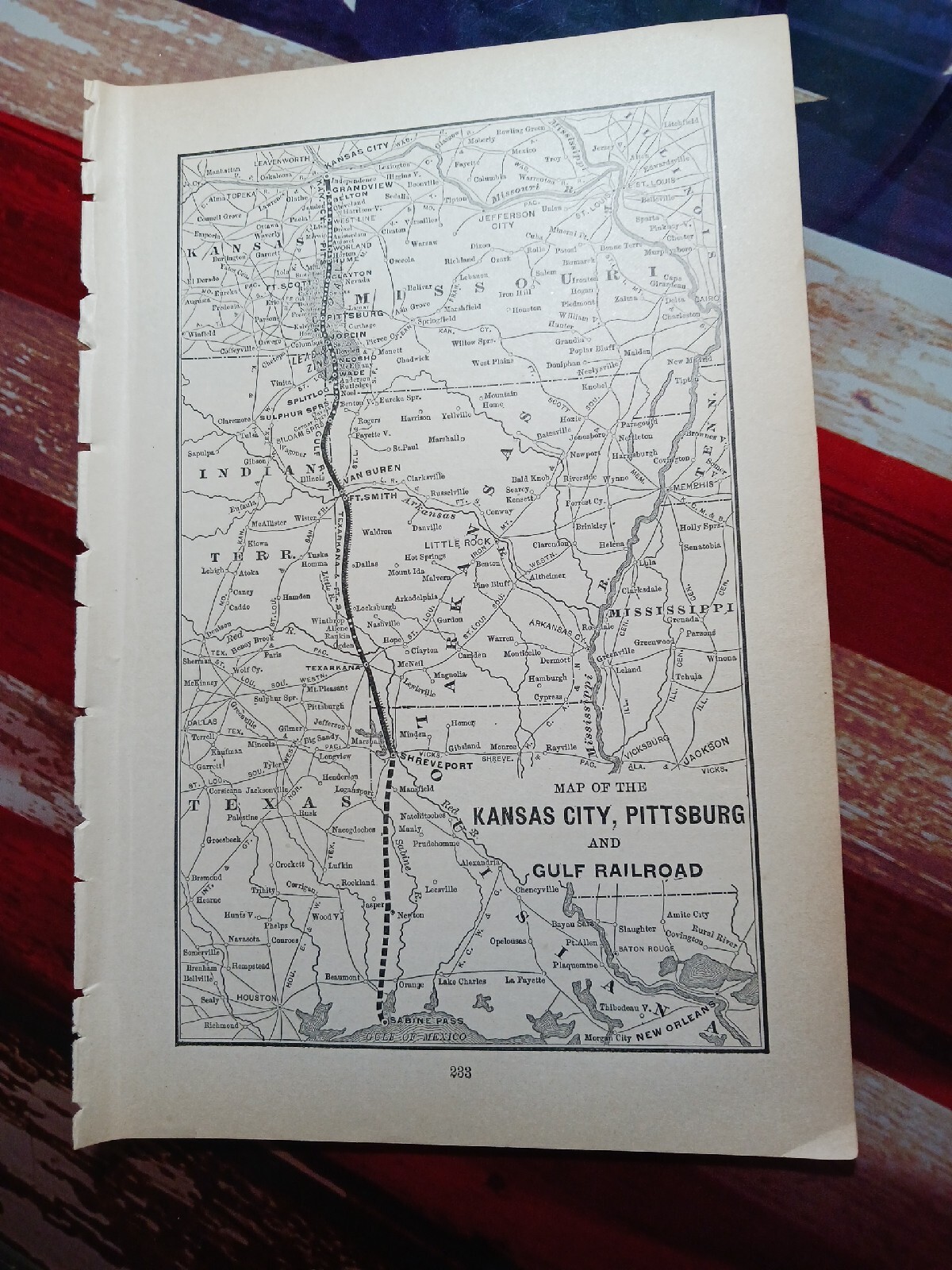 ☆1895 original train map KANSAS CITY PITTSBURGH & GULF RAILROAD routes stations