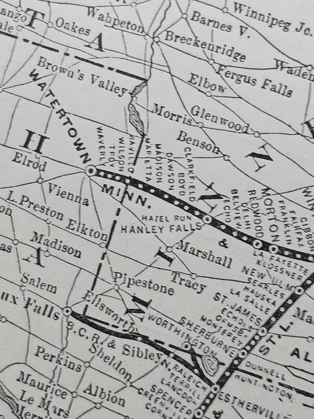 ~1904 Train Route Map MINNEAPOLIS & ST LOUIS RAILROAD antique Railway stations