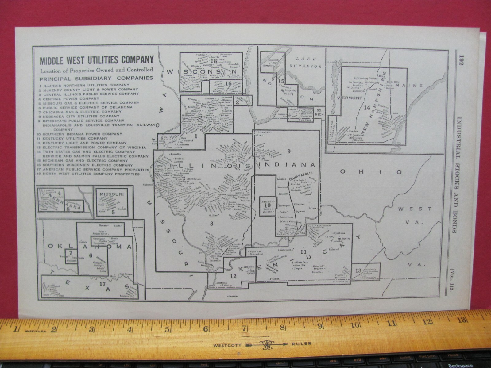 MIDDLE WEST UTILITIES COMPANY ORIGINAL 1921 SYSTEM MAP OHIO TX OK IL IN WI MI KY