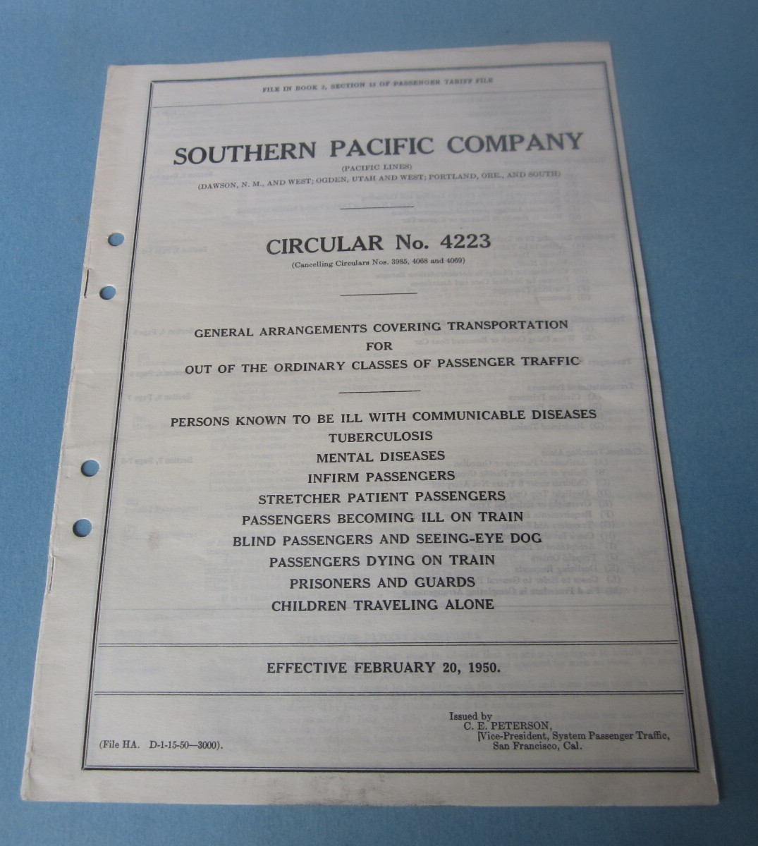 1950 – S.P. Railroad – Circular No. 4223 – OUT OF THE ORDINARY PASSENGER TRAFFIC