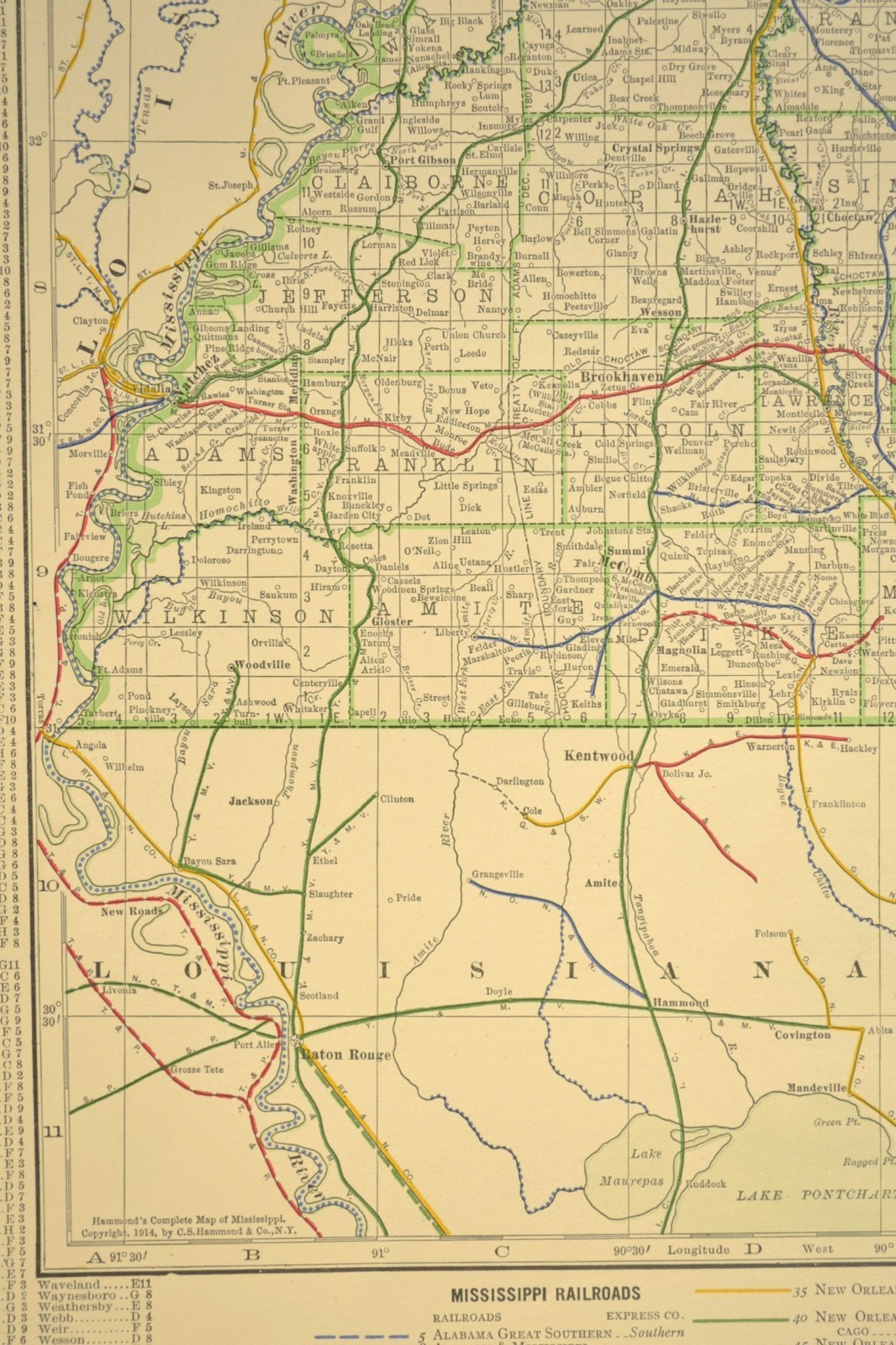 1914 Antique Map of MISSISSIPPI Railroads Map ORIGINAL Atlas Map IC RR DATED