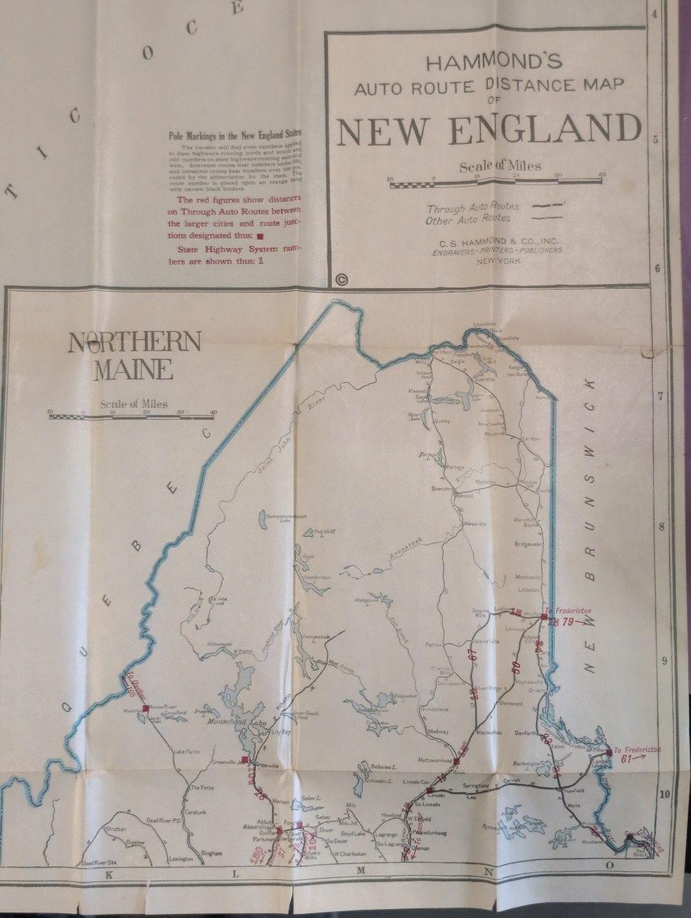 Vintage Hammond’s Auto Route & Distance Map New England Home Insurance Co.