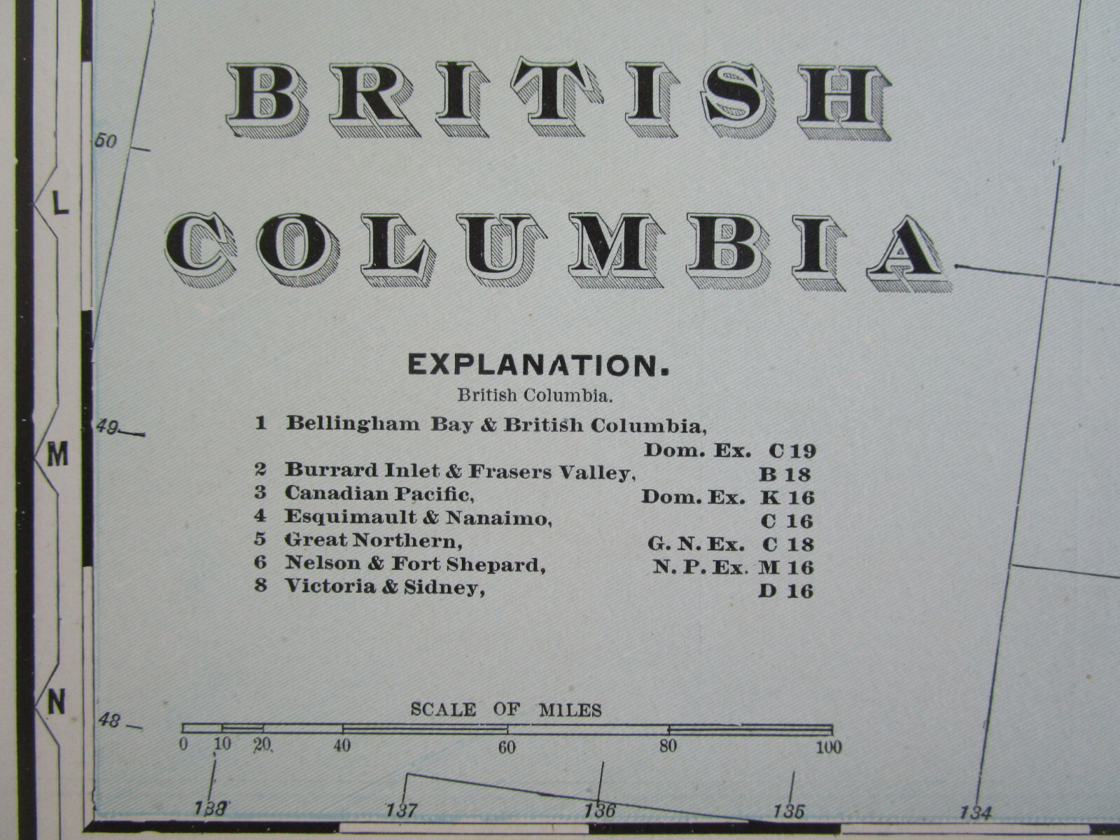 1896 BRITISH COLUMBIA CANADA Cram RAILROAD Map ESQUIMAULT & NANAIMO RR