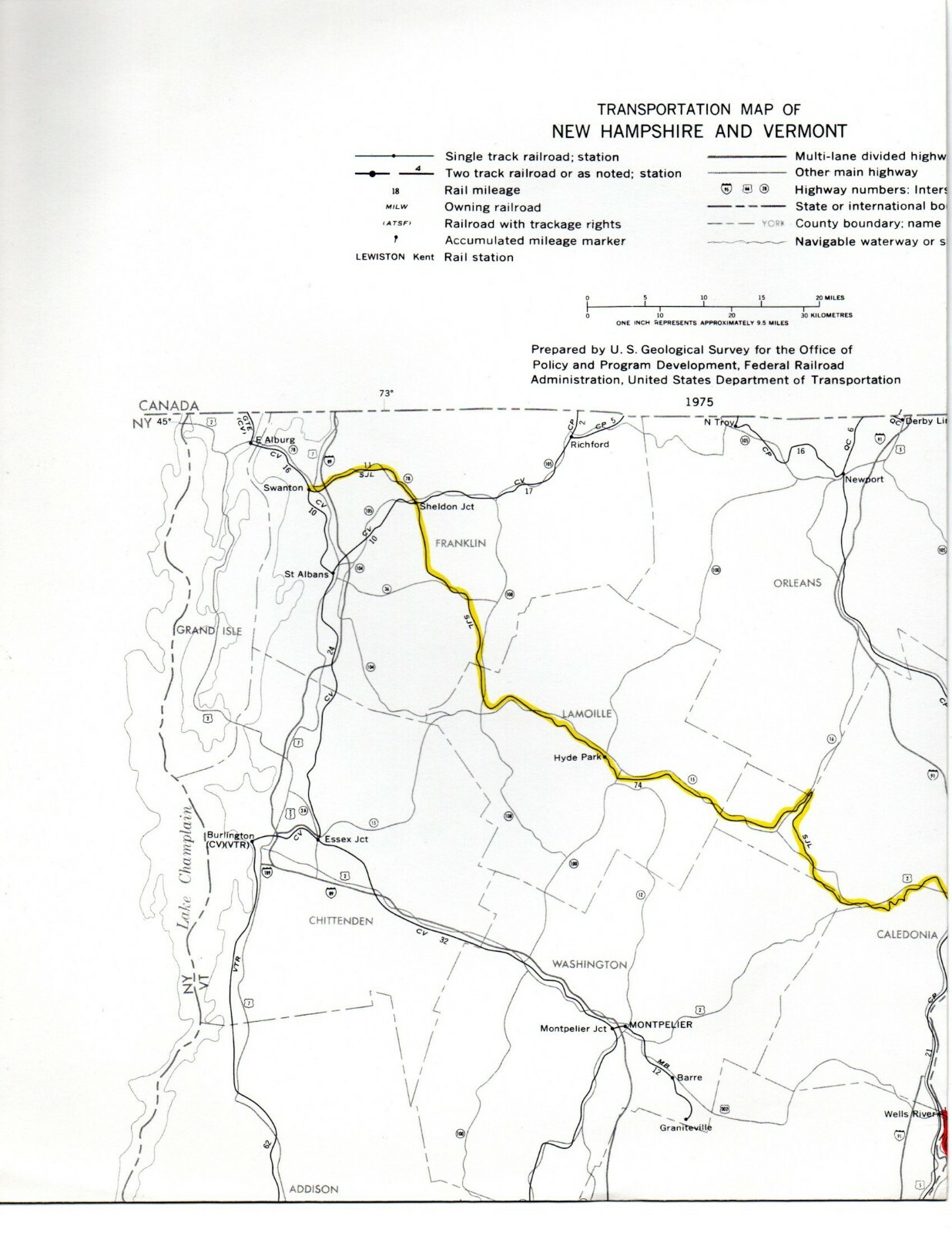 Vintage 1975 New Hampshire-Vermont Railroad Transportation Map●FRA●11″x17″