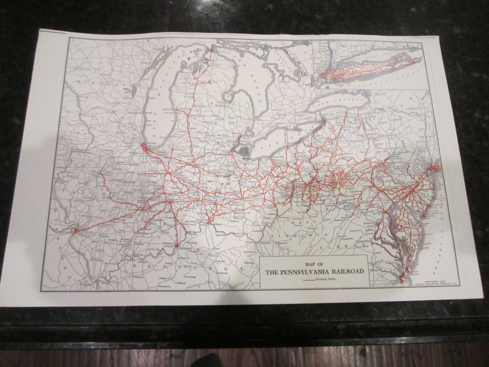 1928 MAP OF THE PENNSYLVANIA RAILROAD – 17″ X 11″ – HEAVY STOCK PAPER