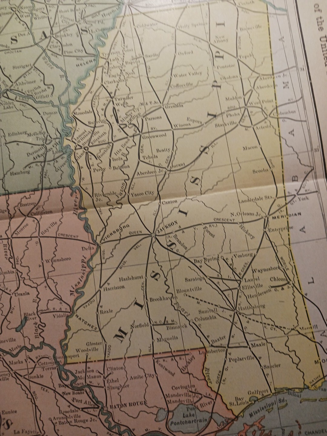 1902 Train Route Map ARKANSAS Mississippi LA all Railroad Lines Stations 11×9″