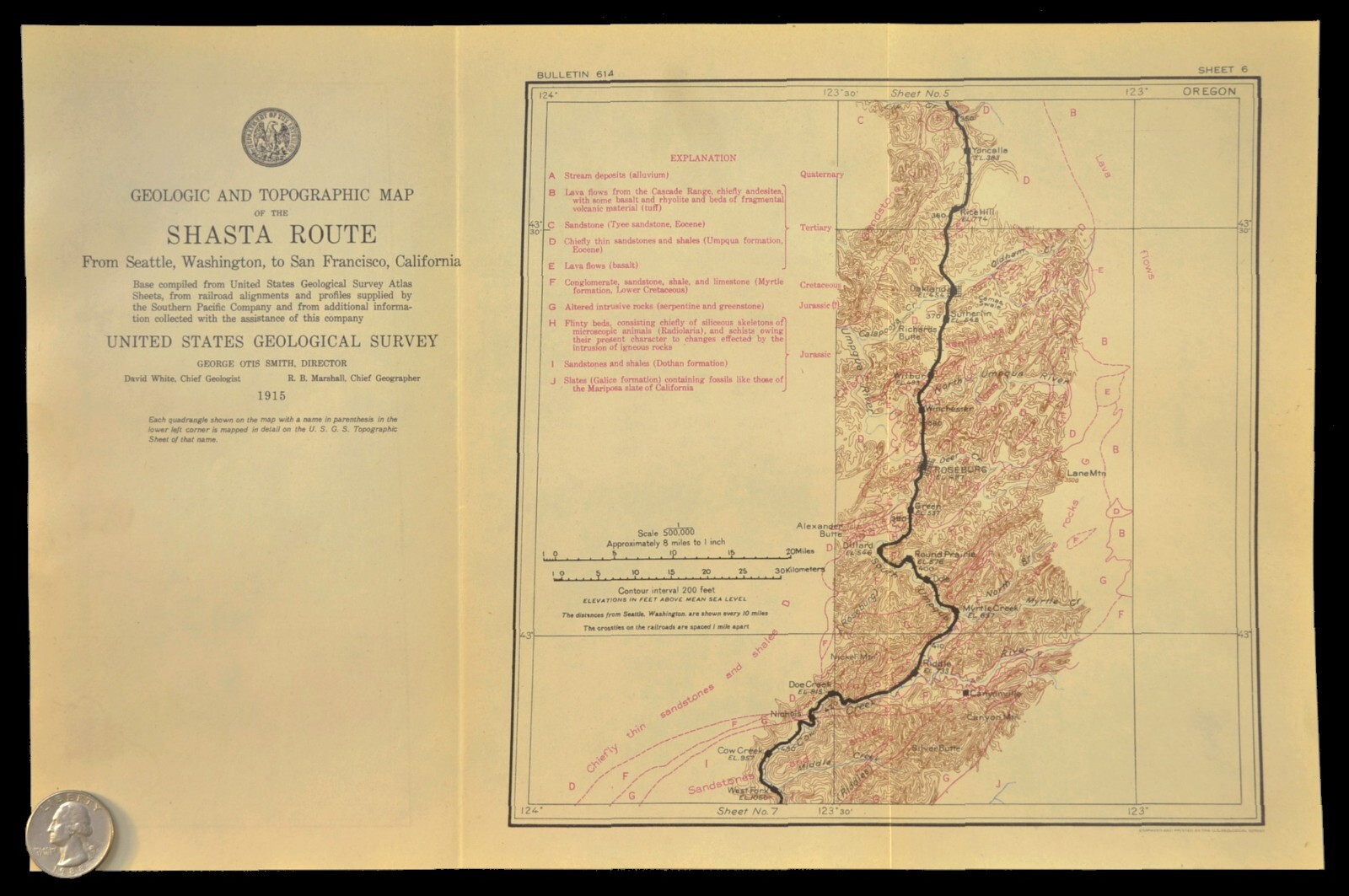 1915 Southern Pacific Railroad Map Roseburg Oregon Sutherlin Green Shasta Route