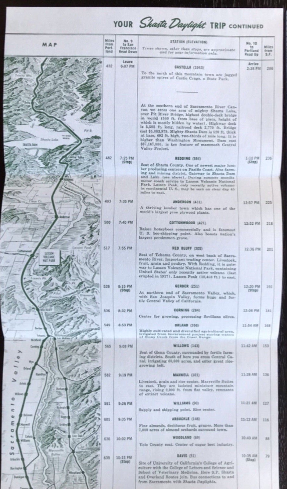 1962 Map Shasta Daylight Trip Southern Pacific RailRoad Portland – SF California