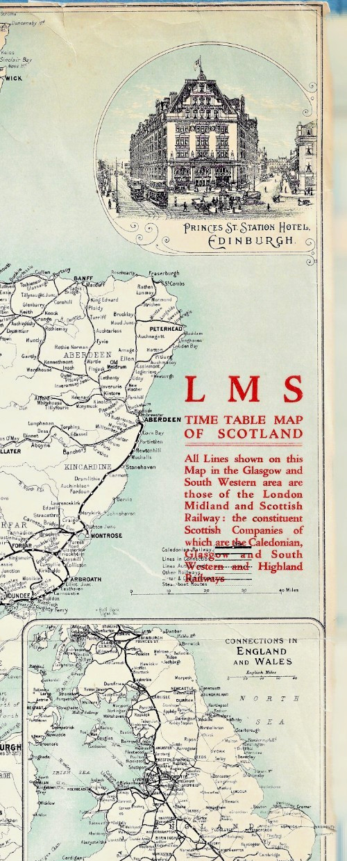 c1910 London Midland and Scottish Railway Time Table Map of Scotland ~ LMS Map