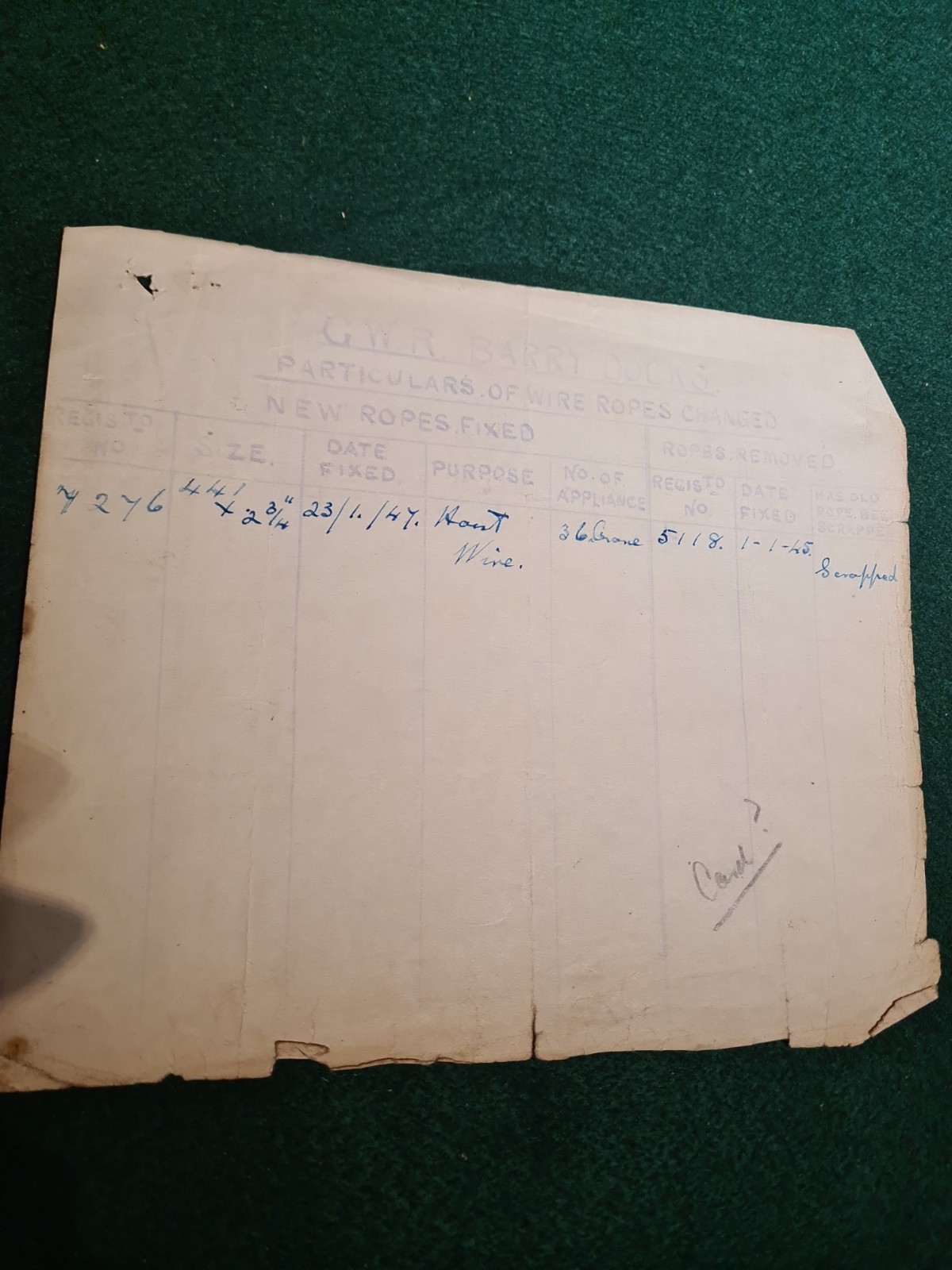 GWR Railway Barry Docks – 36 Electric Crane 1947 – Hoist Wire change & 1938 info