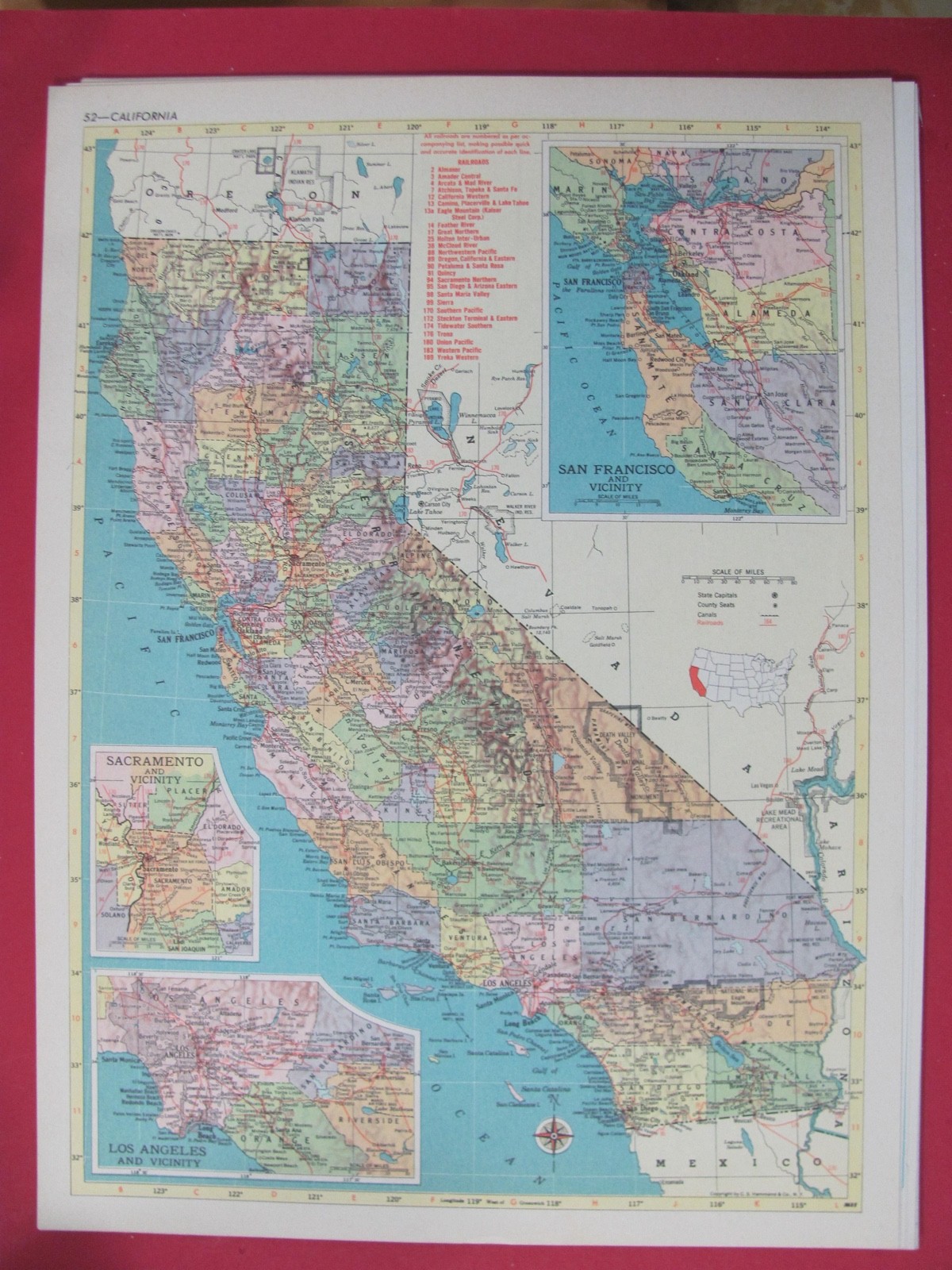 HISTORIC 1953 CALIFORNIA & ARKANSAS TOWN & RAILROAD MAP SHOWS & LIST ALL RR’s