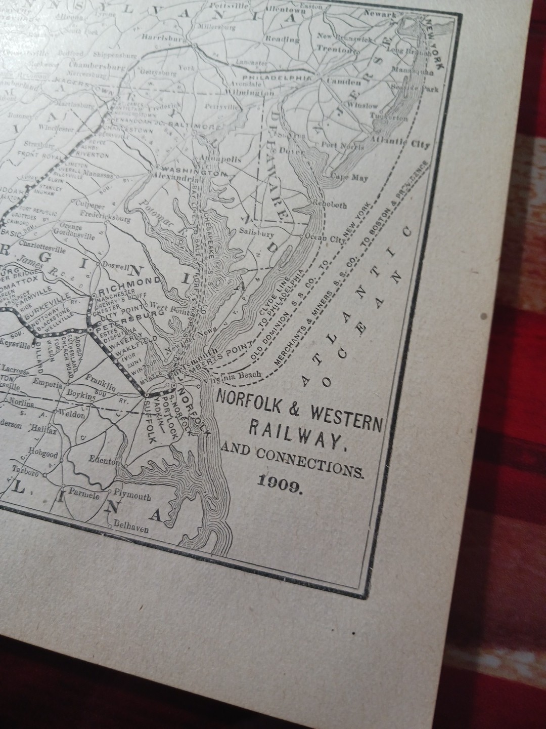 1910 Train Route Map NORFOLK & WESTERN RAILWAY and Connections All Depot Station