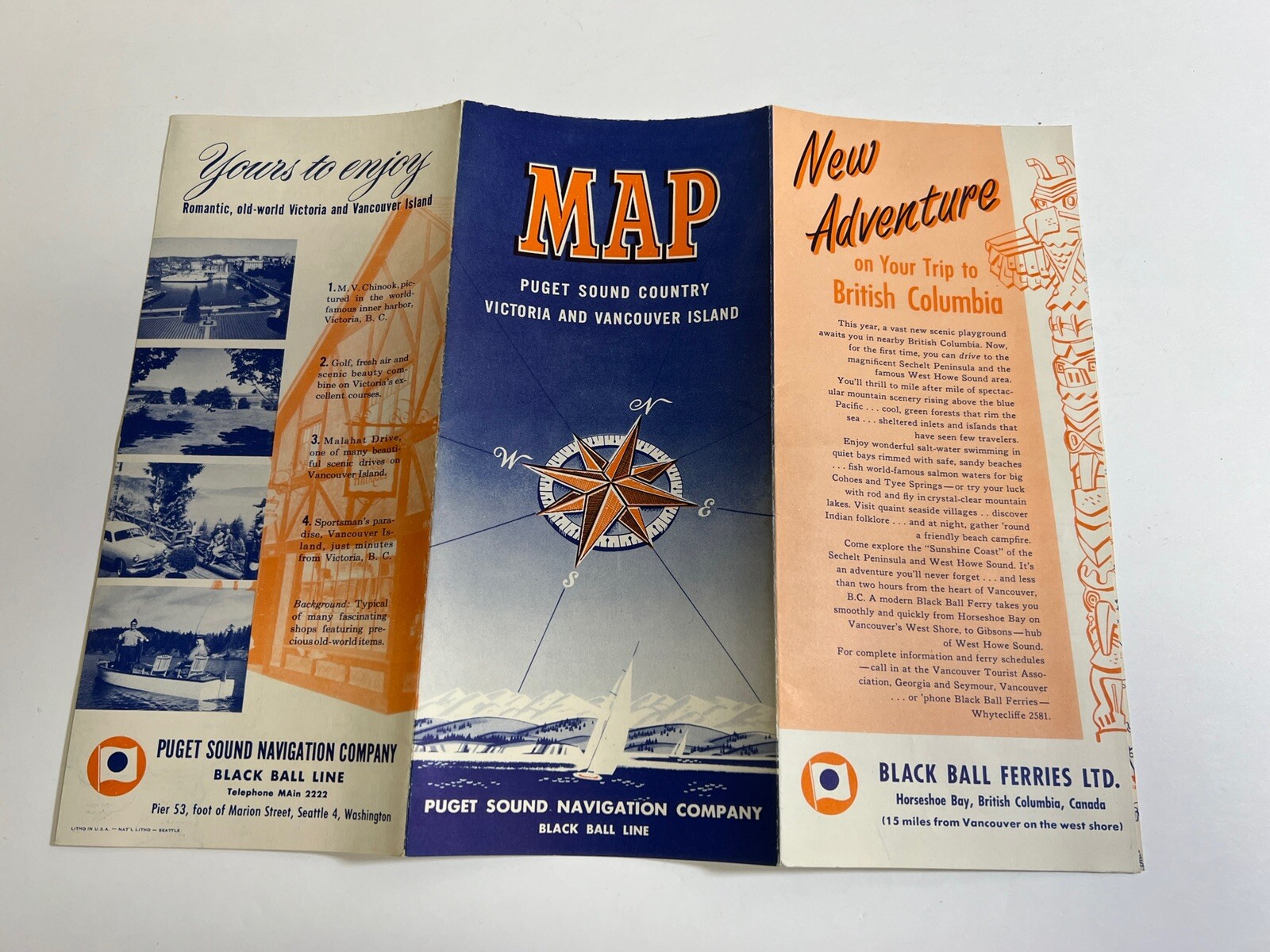 Vintage 1950’s Map Puget Sound Victoria & Vancouver Island Black Ball Line