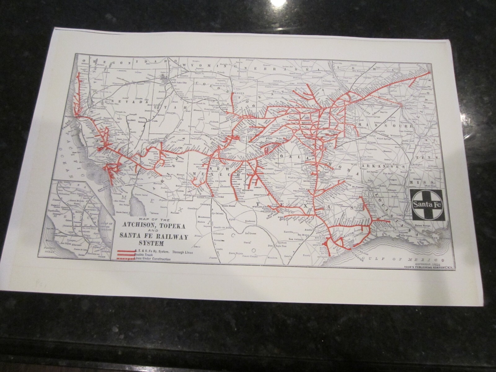 1928 MAP OF TOPEKA AND SANT FE RAILWAY SYSTEM – 17″ X 11″ – HEAVY STOCK PAPER