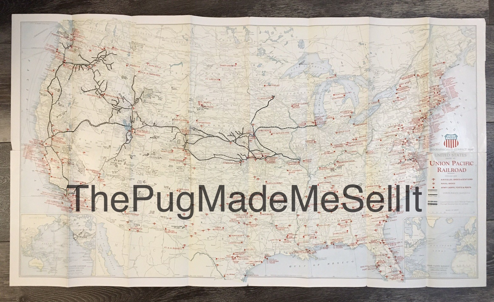 1942 WWII Union Pacific Railroad Military Folding Map of the United States