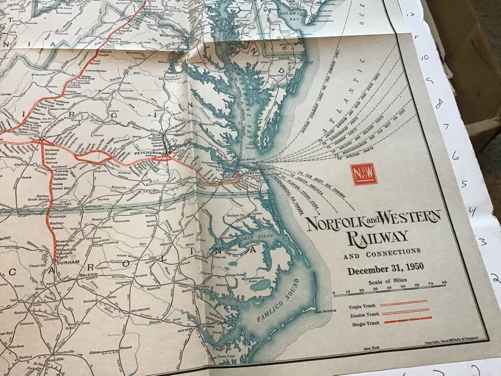 vintage railroad map: 33×22″ NORFOLD & WESTERN Railway dec 31, 1950