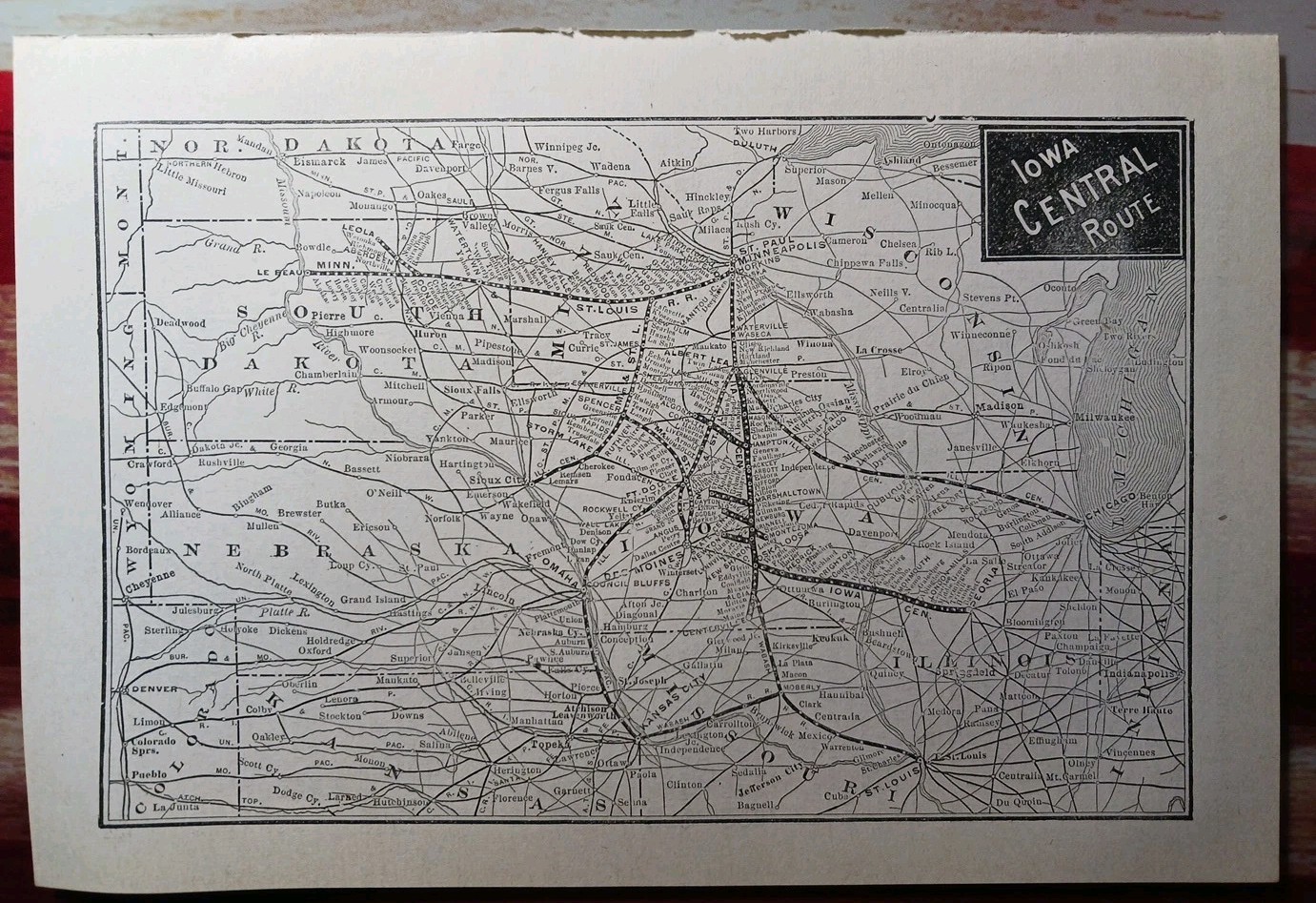 ~1910 Train Route Map IOWA CENTRAL ROUTE all Railroad Lines Stations SD MO IL NE