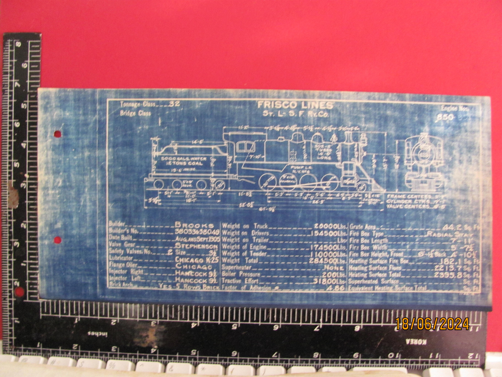FRISCO LINES SL-SF RAILROAD 2-8-0 LOCOMOTIVE #850 BLUEPRINT DATA DRAWING