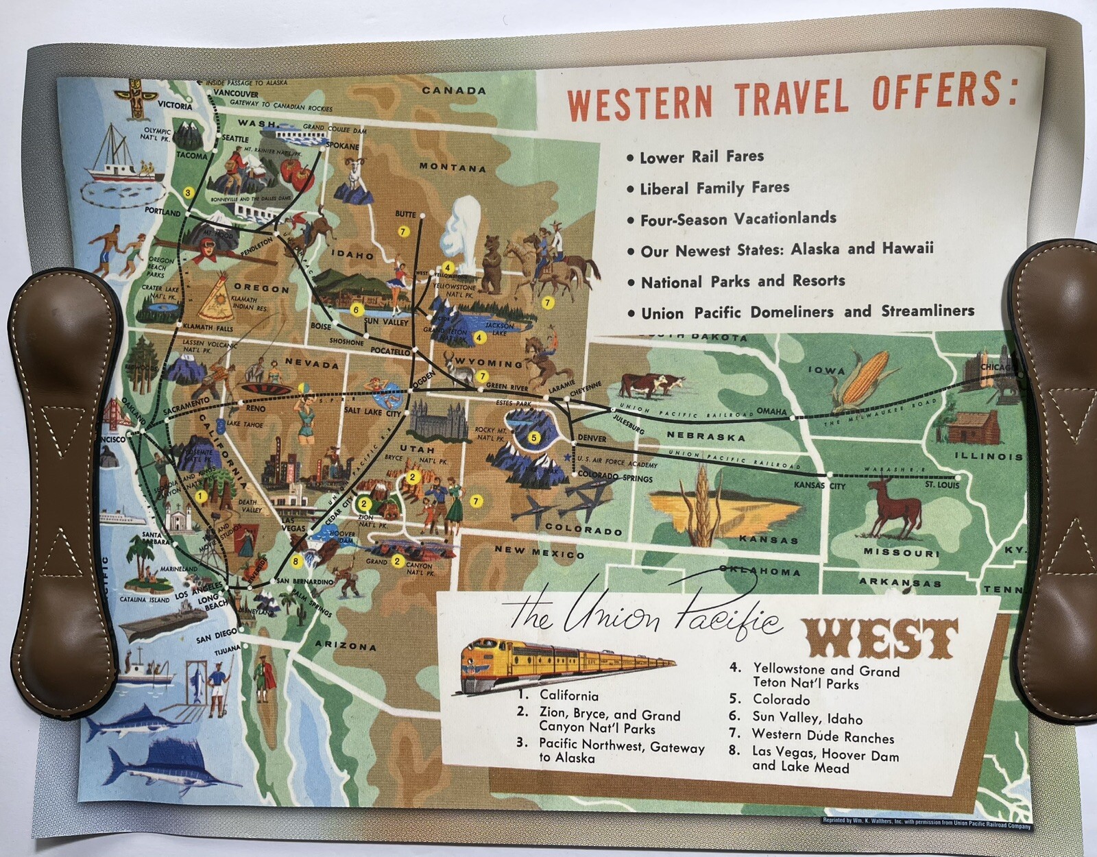 Vintage Union Pacific West Line Map Poster Railroad Train Time Table 1959