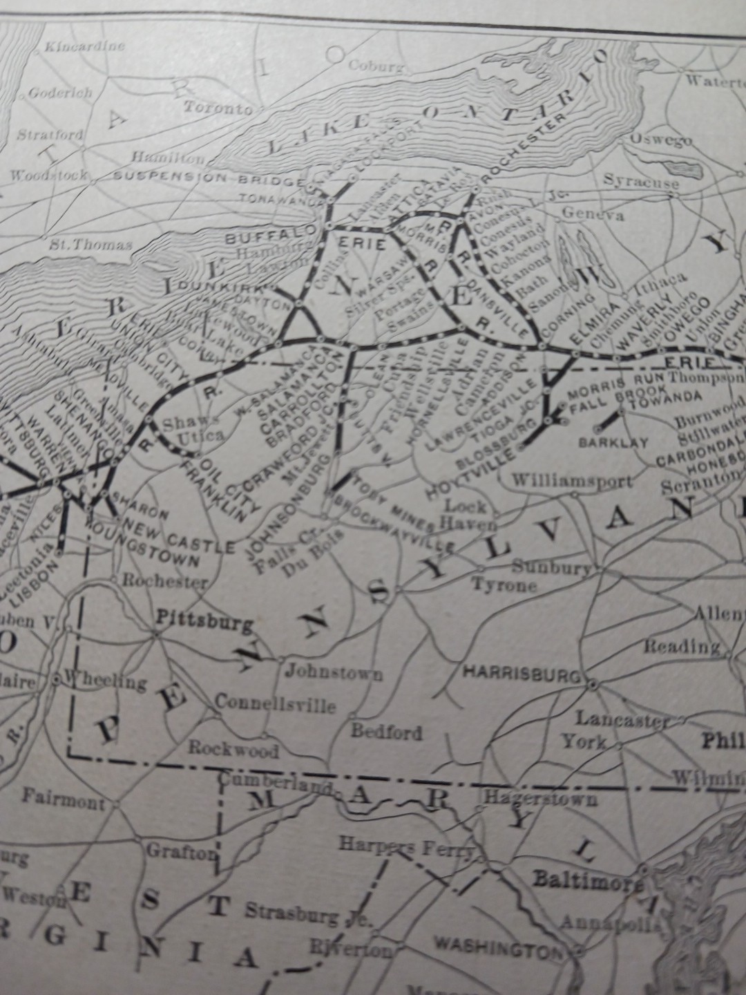 ~1896 Antique Train Route Map ERIE RAILROAD Ohio Pennsylvania New York Indiana