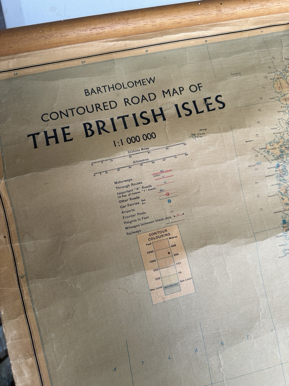 Large Vintage Bartholomew’s Contoured Road Wall Map of the British Isles 1972