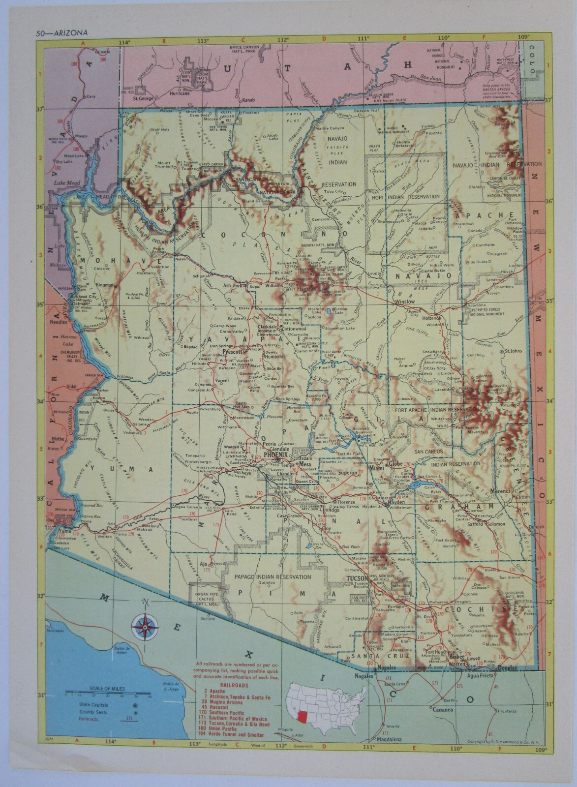 AL AZ Vintage 1952 ALABAMA RAILROAD Map. CHATTAHOOCHEE VALLEY RR or ARIZONA