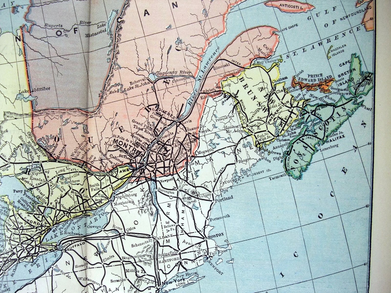 Original 1895 Railroad Map of Eastern Canada. Antique