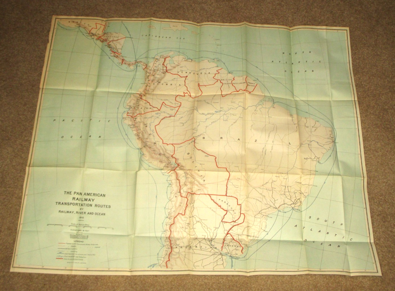 1910- PAN AMERICAN-SOUTH AMERICA- RAILWAY- ROUTE MAP-RAILROAD RIVER-OCEAN-33″