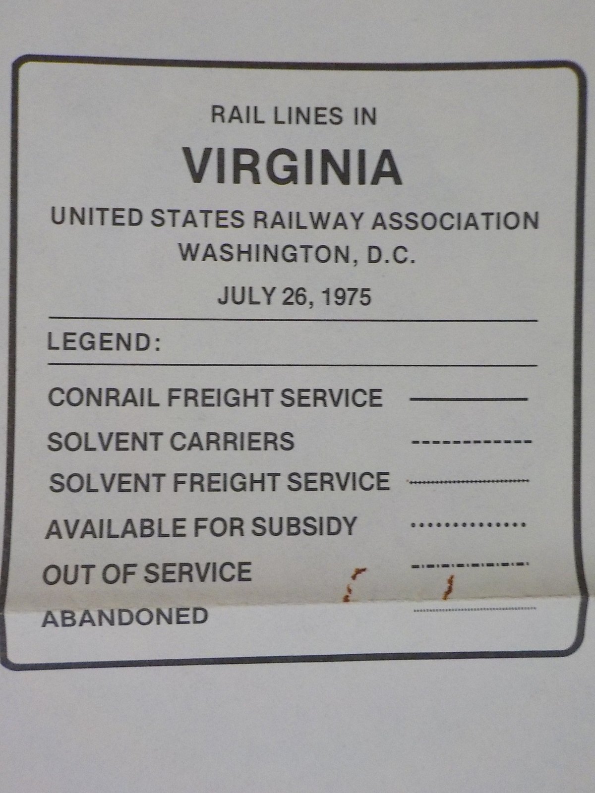 Map Rail lines in Virginia July 26, 1975 Conrail Solvent carriers Folded