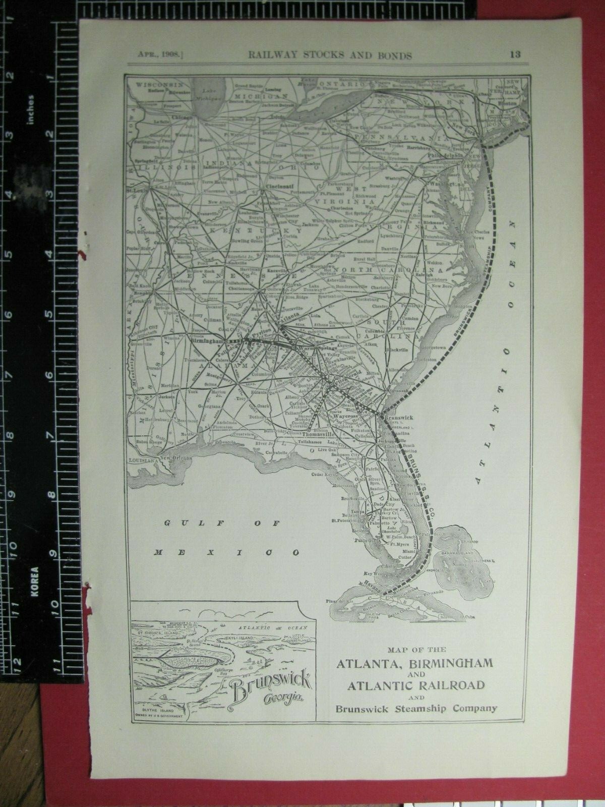 ORIG 1908 ATLANTA BIRMINGHAM & ATLANTIC RAILROAD SYSTEM MAP BRUNSWICK STEAM SHIP