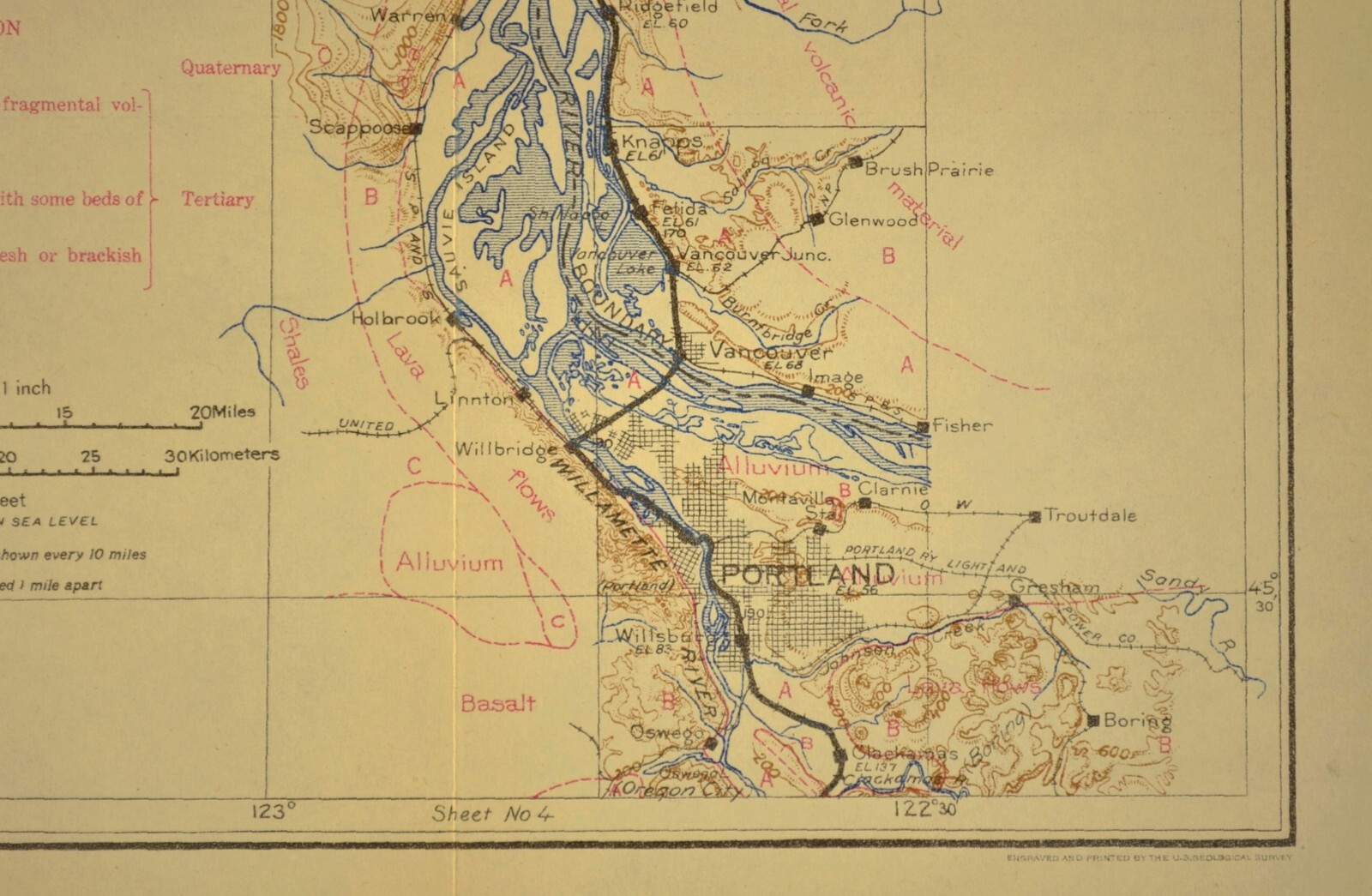 1915 Antique Southern Pacific Railroad Map Portland Oregon Vancouver WA Geologic