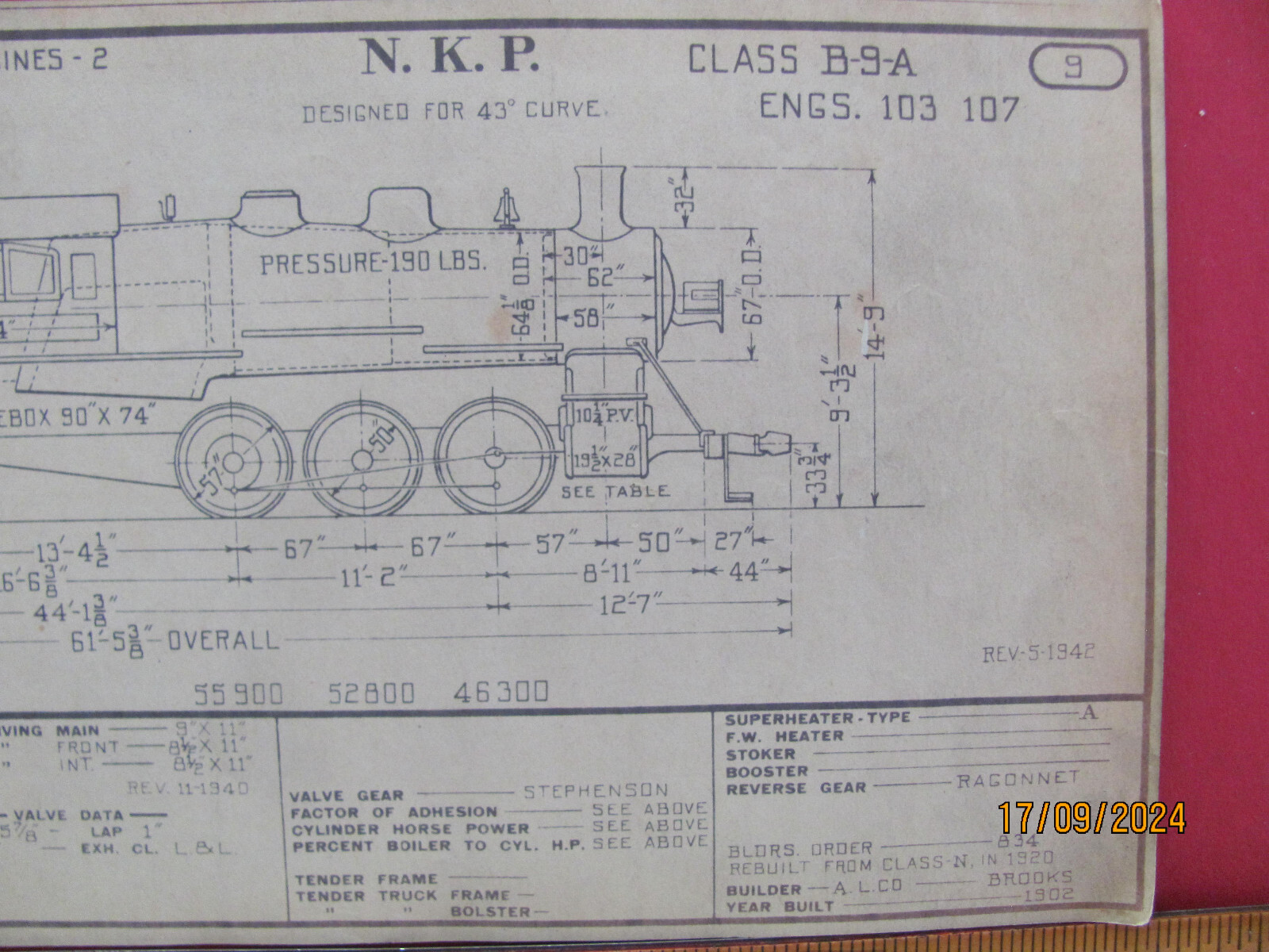 NICKLE PLATE ROAD RAILROAD ORIG 1943 DIAGRAM LOCOMOTIVE #103+ CLASS B-9A 0-6-0