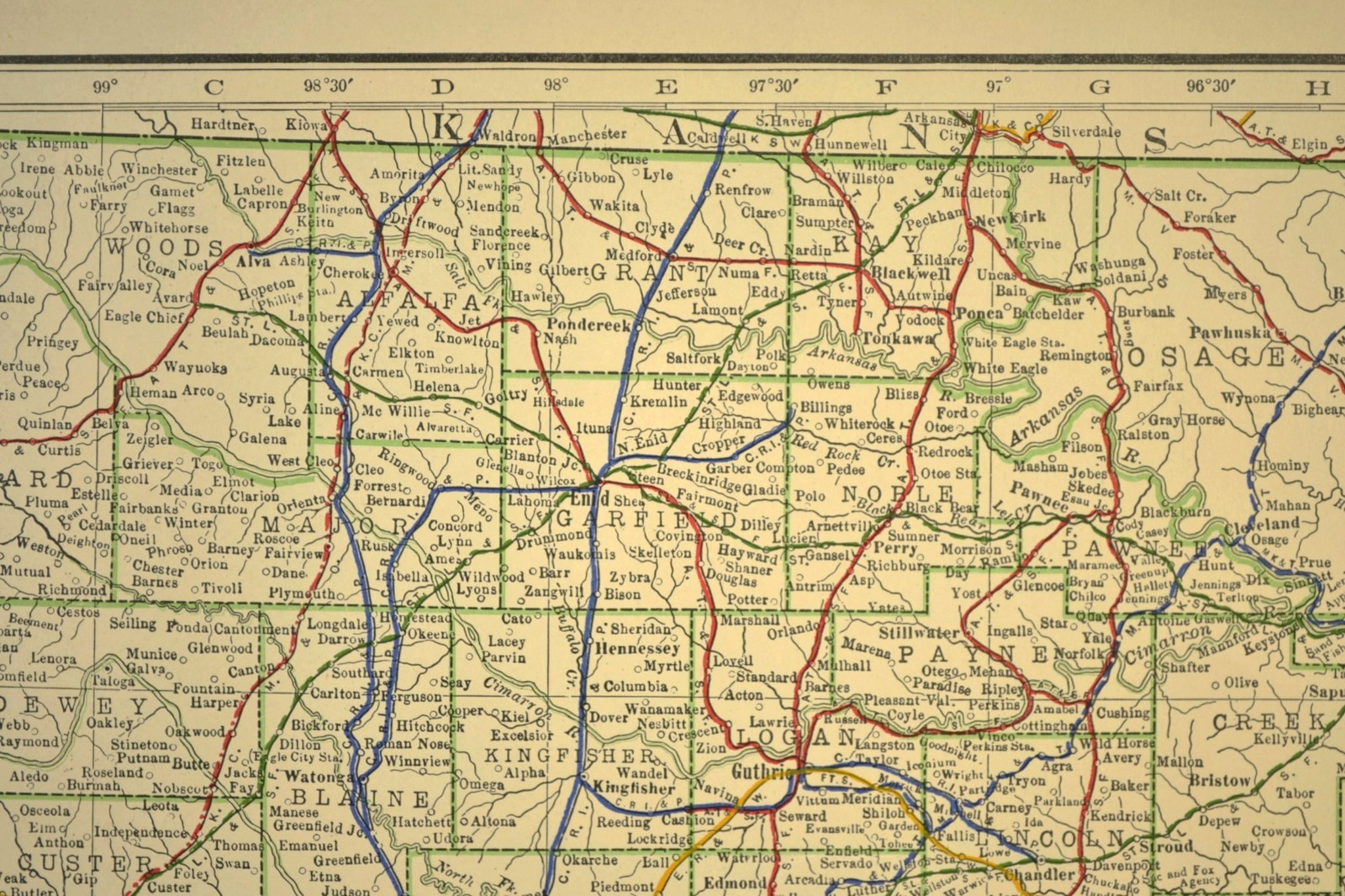 1914 Antique Map of OKLAHOMA Railroads Map ORIGINAL Atlas Map CRI&P RR DATED