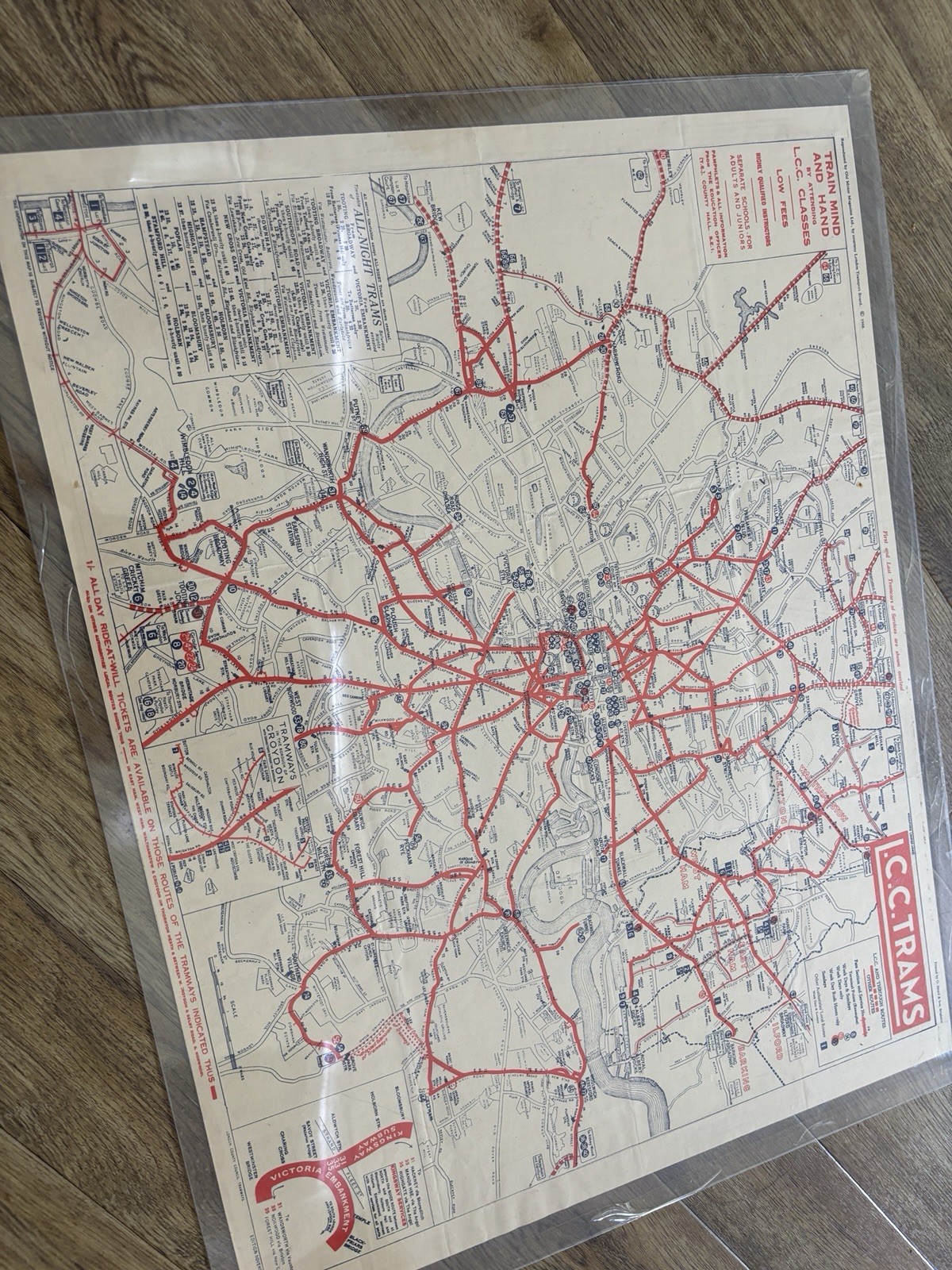 1932 LCC Trams Map Timetable London County Council Tramways Original Nov