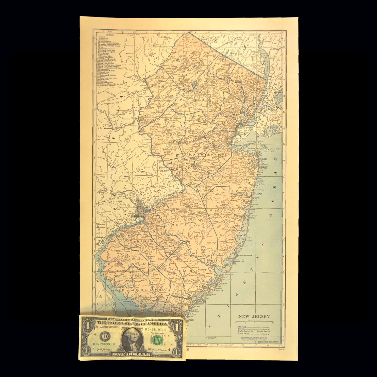 Vintage NEW JERSEY Railroad Map PRR LARGE Pennsylvania RR Original Atlas Antique