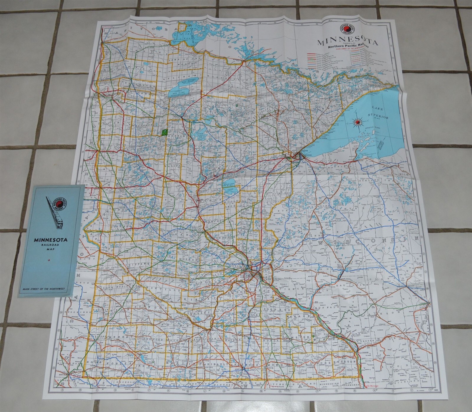 Vintage Northern Pacific Railroad map Minnesota 38″x 22 1/2″ in paper sleeve