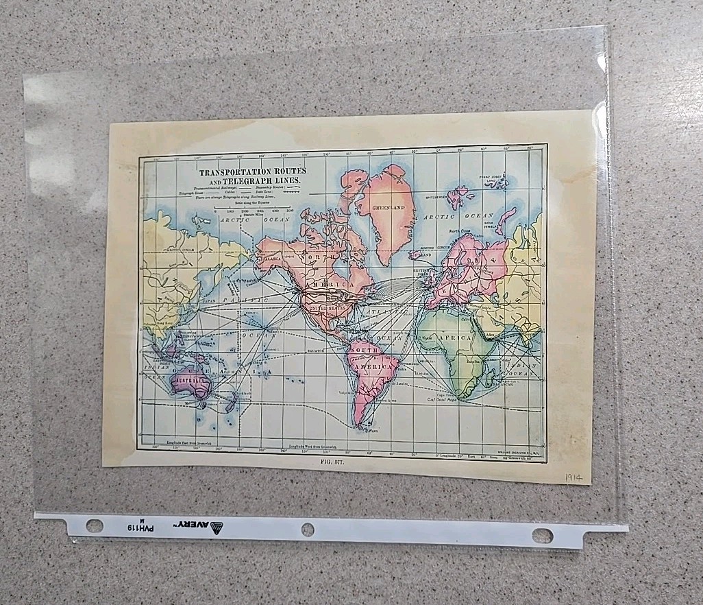 1914 Transportation Routes & Telegraph Lines World Map Color Book Plate