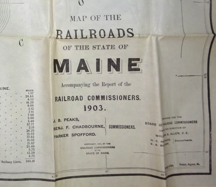 BIG 1891 WALL MAP OF RAILROADS MAINE 30″ x 33″ REPRINTED 1903 BY COMMISSIONERS
