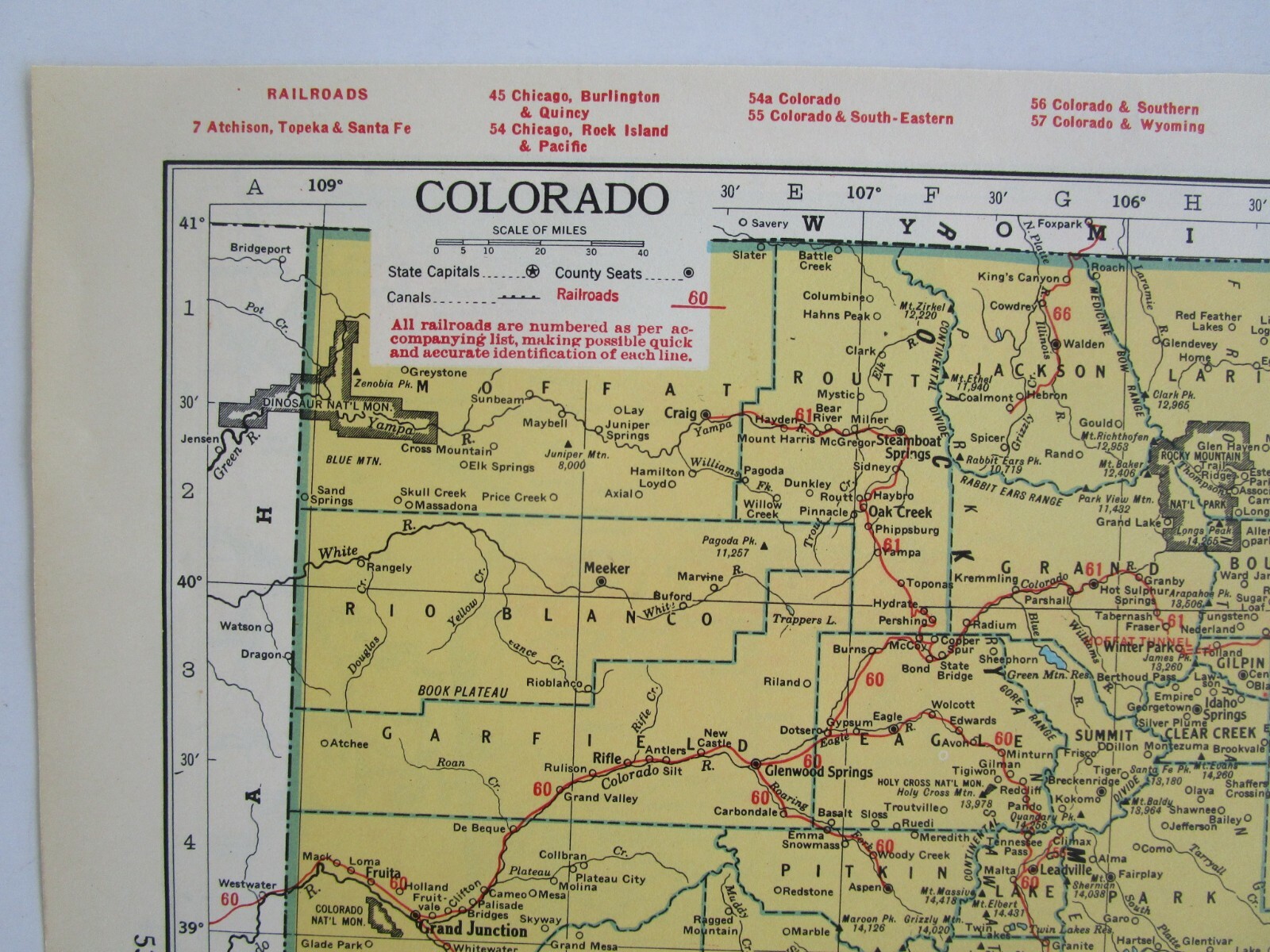 CT CO 1948 CONNECTICUT RAILROAD Map. ~or~ COLORADO Railway Map 1950s Mid Century