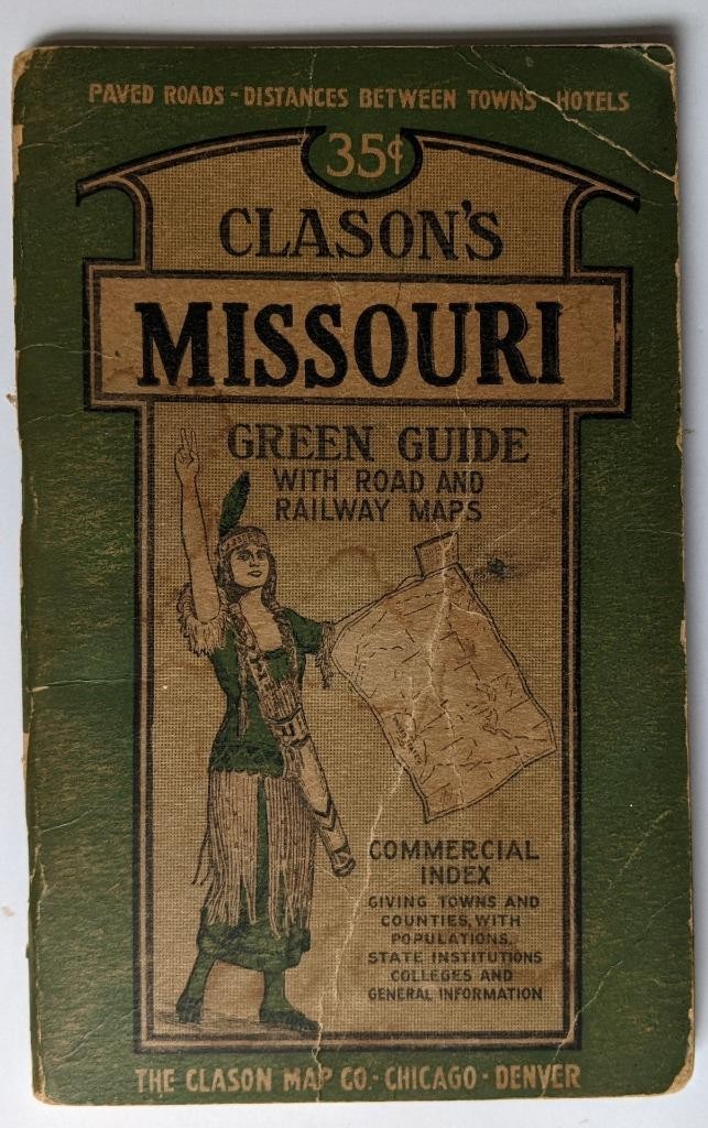 VINTAGE BOOKLET CLASON s MISSOURI GUIDE BOOK w ROAD AND RAILWAY MAP s