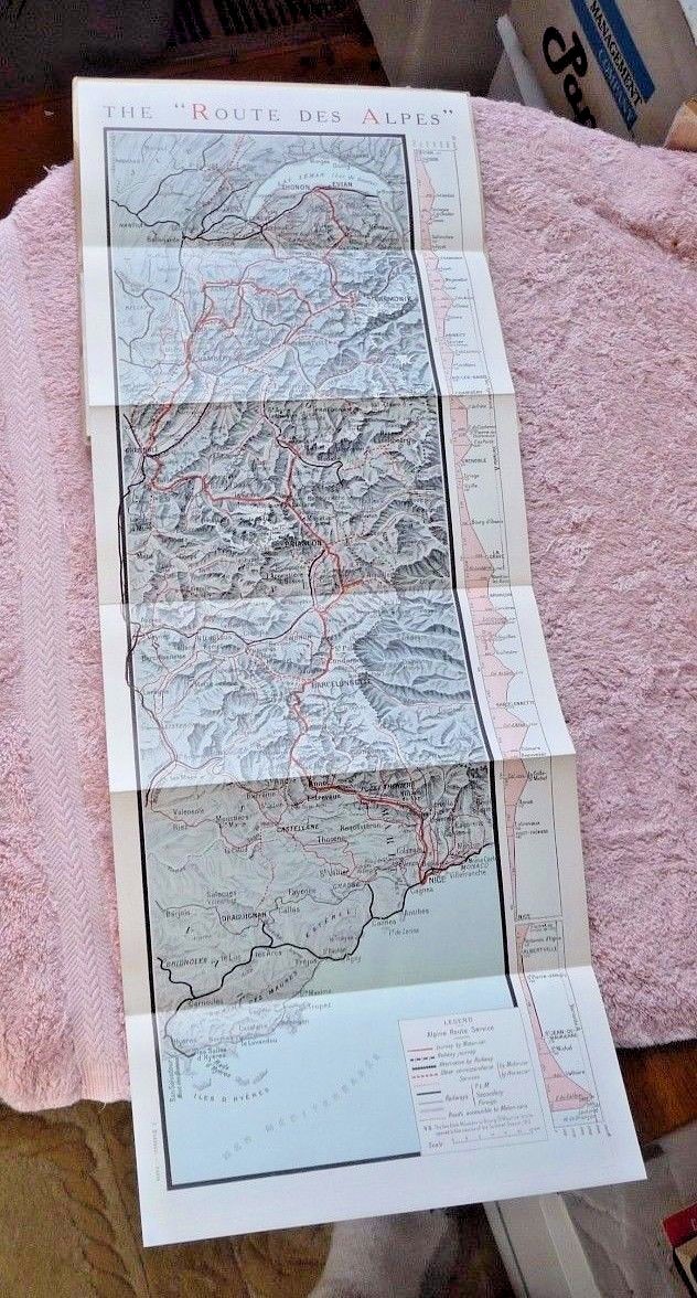 VINTAGE MAP ROUTE DES ALPS LAUSANNE EVIAN THONON NICE BARCELONNETTE FARES 1913