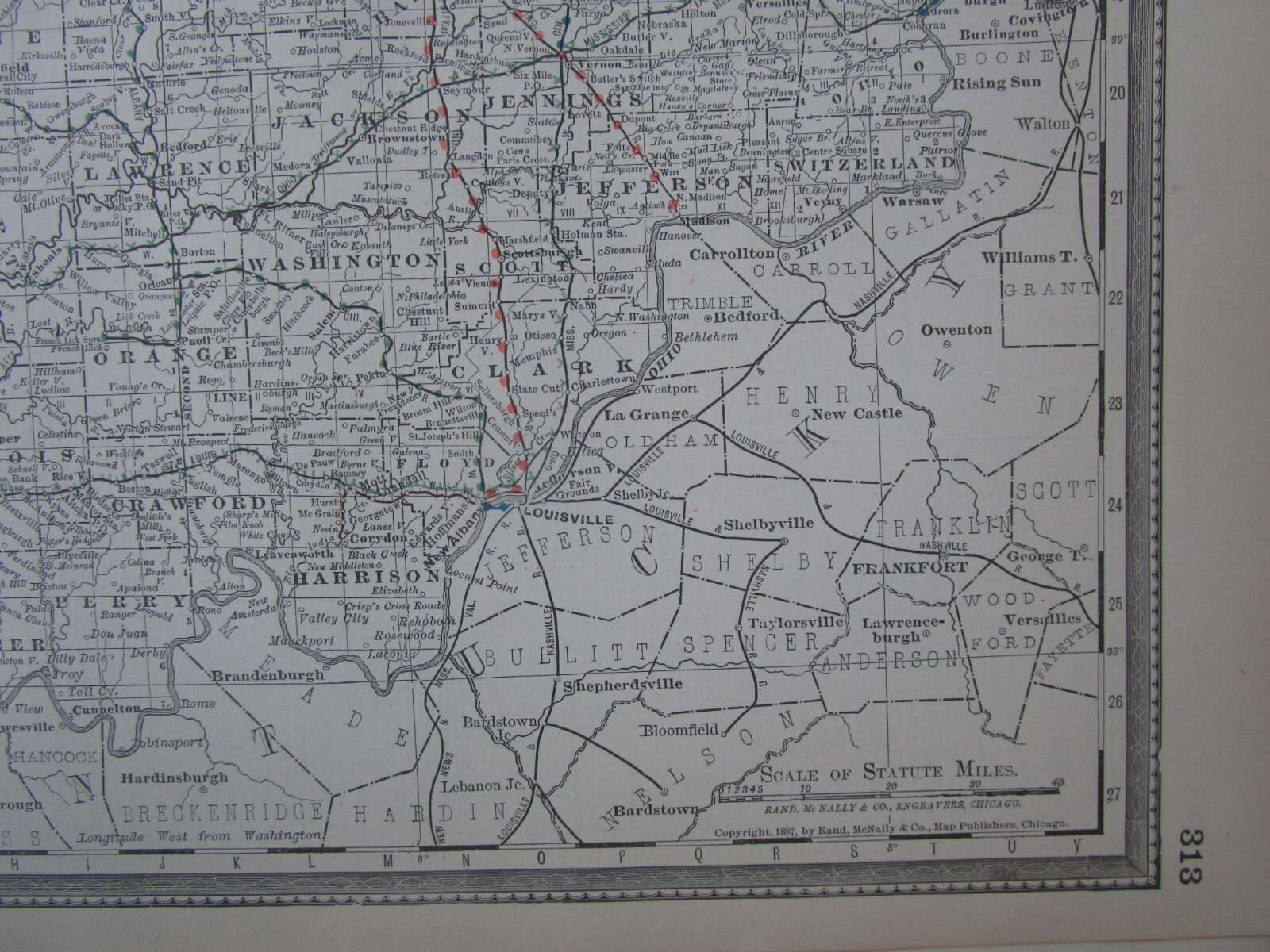 IN Antique DATED 1887 INDIANA RAILROAD Map. McNally Business