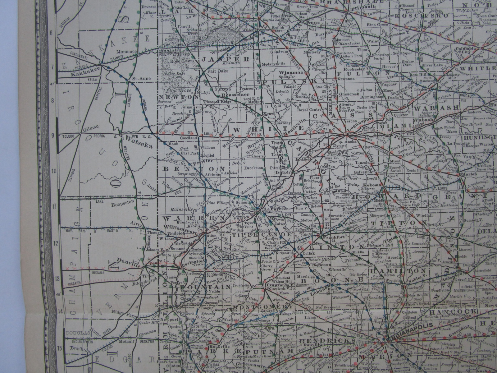 IN Antique DATED 1887 INDIANA RAILROAD Map. McNally Business