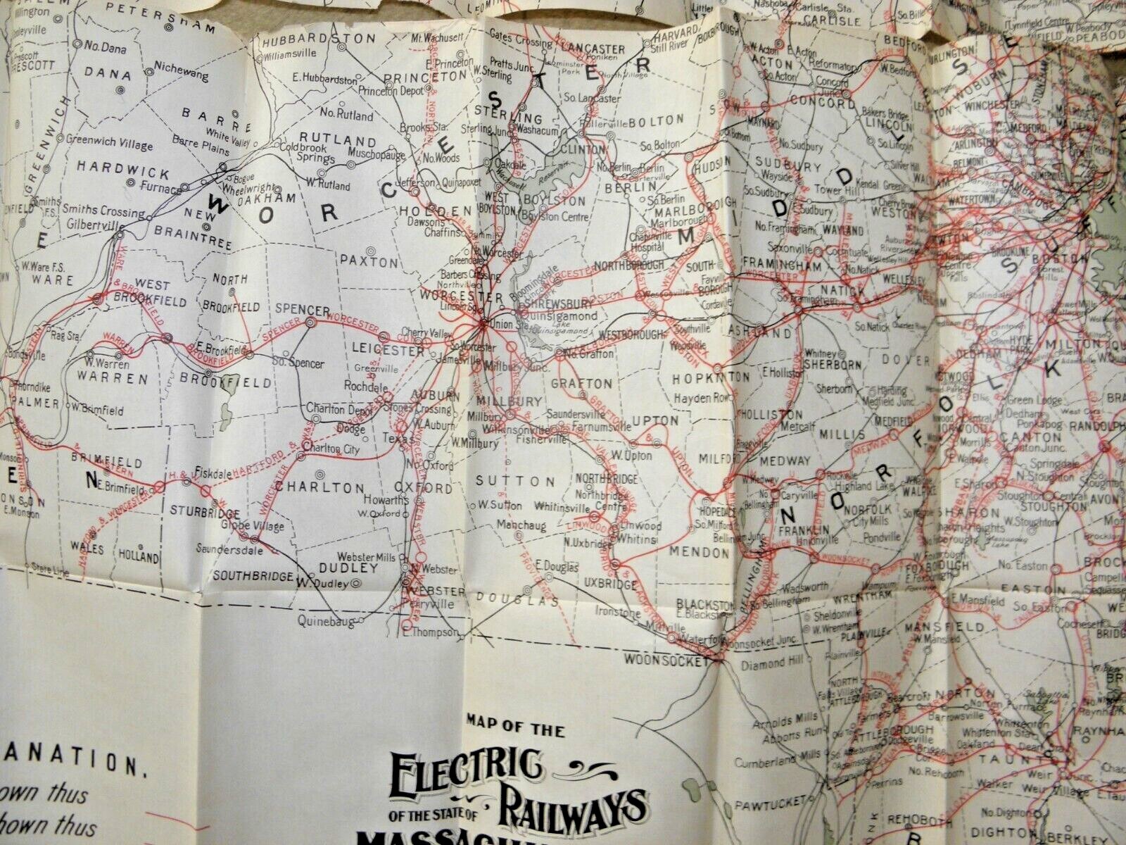 ANTIQUE LARGE MAP OF THE ELECTRIC RAILWAYS STATE OF MASSACHUSETTS RAILROADS 1908
