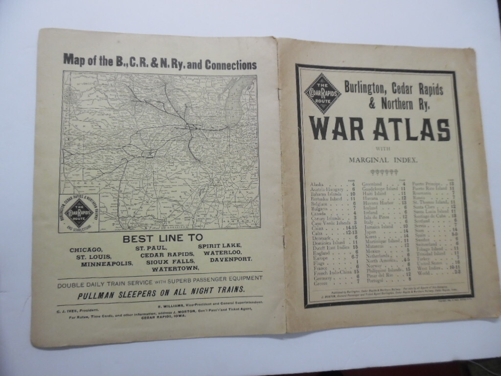 1898 Burlington Cedar Rapids Northern Railway Spanish American War Atlas Antique